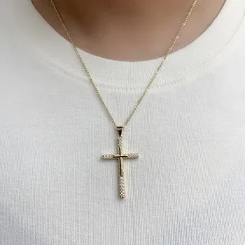 LUALA Gold Color CZ Cross Pendant Chain Necklace For Women And Girl, Brilhante Cúbica Classic Religious Jóia No Fade