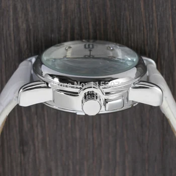 Forsining Watch Mulheres da Moda Automático com Pulseira de Couro Esqueleto Casual de Cristal Transparente relógio de Pulso Cor Branca WRL8011M3S10