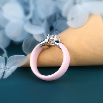 Requintado cor-de-Rosa Cerâmica Lisa Anéis de Dedo Com Bling Prata Cristais Para Mulheres Femininas Doce Jóias Acessórios Amante Presentes 6mm