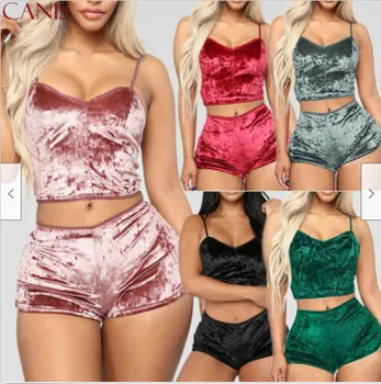 Mulheres Sexy De Veludo Lingerie Conjunto De Roupa De Veludo Esmagar Crop Top+Shorts Loungewear De Moda De Nova