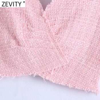 Zevity Mulheres de Moda de Pescoço de V Textura do Tweed Curto Veste Blusa Feminina Chic Casual, o Plissado de Design de Camisa de Cortar Blusas de Verão, Tops LS9383
