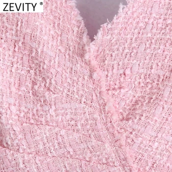 Zevity Mulheres de Moda de Pescoço de V Textura do Tweed Curto Veste Blusa Feminina Chic Casual, o Plissado de Design de Camisa de Cortar Blusas de Verão, Tops LS9383
