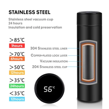 500ml Inteligente Garrafa de Água Inteligente Aço Inox garrafa Térmica LED indicador de Temperatura Garrafas de Vácuo Frascos de garrafas térmicas de Copa 24 horas