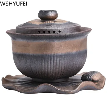 Retro Cerâmica gaiwan xícara de chá feito a mão terrina da tampa da tigela chinesa tigela de chá pires de Jingdezhen conjunto de chá em copos de Pessoal da Copa