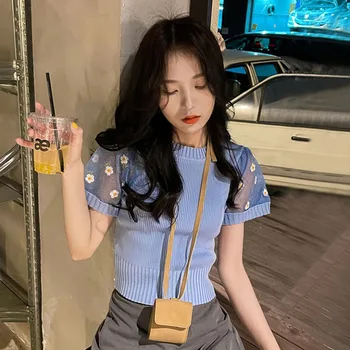 Malha Patchwork S de Malha com decote de Verão de Roupas femininas Tees O-pescoço Azul Fino Feminino Top de Cultura coreana Roupas Estilo Doce T-Shirts