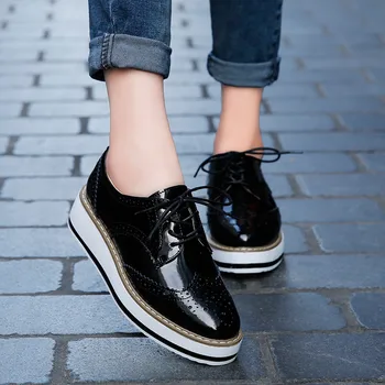 Brogues Robusto Tênis Mulher Plataforma de Couro Genuíno de Sapatos de Mulheres Rodada Toe Sapatos de Sola Grossa, Sapatos Oxford para Mulheres Sapatilha