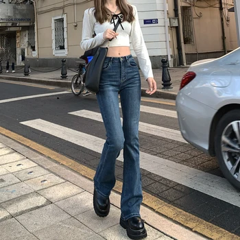 Jeans de Mulheres da Reta de Ajuste Fino de Jeans, Moletom 2021 Nova Primavera, Outono Estilo coreano de Cintura Alta Emagrecimento Calças da Moda