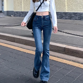Jeans de Mulheres da Reta de Ajuste Fino de Jeans, Moletom 2021 Nova Primavera, Outono Estilo coreano de Cintura Alta Emagrecimento Calças da Moda