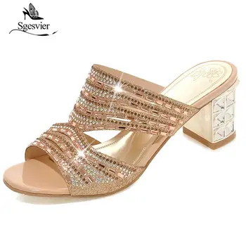 Sgesvier tamanho Grande 33-46 Praça de salto alto sapatos de mulheres sandálias de verão rhinestone sapatos elegantes de moda de sapatos de senhoras OX442