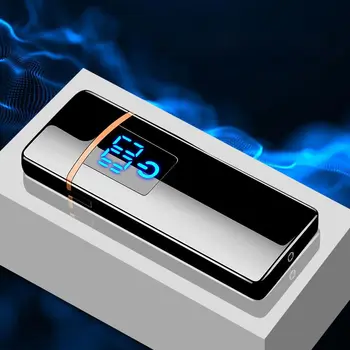 Elétrico de duas faces de Tungstênio Isqueiro Recarregável USB de Isqueiro de Metal Ultra-fino, Com Digital LED de Energia Display Touch