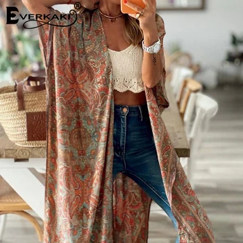 Everkaki Boêmio Estampa Floral Kimonos Mulheres De Verão, Férias De Praia, Roupões De Oversize Longos Casacos De Biquini Roupa Kimono Feminino 2021