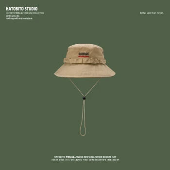 Japonês quebra-vento corda chapéu de pescador de homens maré marca verde do exército funcional do vento carta chapéu de verão, o protetor solar da bacia do chapéu