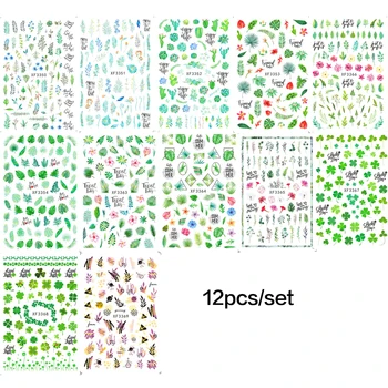12pcs 3D do Prego do Verão, Flor Verde, Projeto da Folha Autocolante Conjunto Para Unhas DIY Nail Art de Decoração de Gel polonês Adesivo de Folhas de Manicure