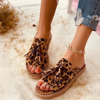 Verão Sandálias para as Mulheres Tecem Leopard Borla Vintage Franja Tecer Flats, Sandálias antiderrapante Exterior Praia de Calçado de Mulher