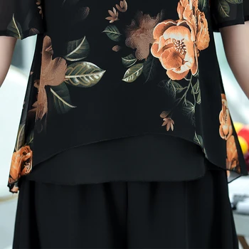 2021 Verão de Mulheres 2 Peças Conjunto Floral Chiffon Ternos Vintage Flores Impressão Tops+ Senhoras de Calças de Perna Larga Saia Calça Conjunto