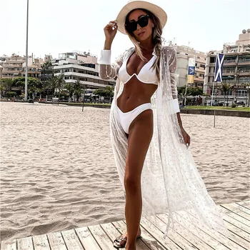 Mulher de Bolinhas Maiô Cobrir Até a Praia, Batas Sexy Lapela de Manga Longa de Malha Perspectiva Túnica Vestido de Túnica Feminina moda praia