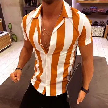 Listras verticais Camisa de Homens Verão Curto Sleeveshirts para homens virada para Baixo de Gola de Camisas de Homens Tops camisa homme camisas para homem