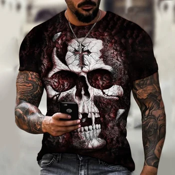 Horror crânio falsificar sangue de impressão digital print t-shirt dos homens de moda de rua retro tendência de T-shirt manga curta sexy designer de topo