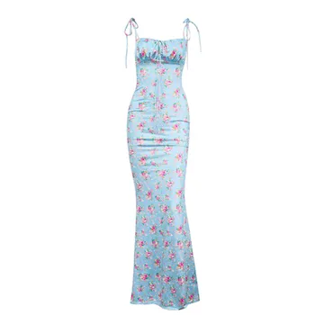 Bola 2021 Azul floral sem encosto mulheres sexy vestido de verão Curativo ruched maxi vestido para festa hliday Feminino lace vestido novo