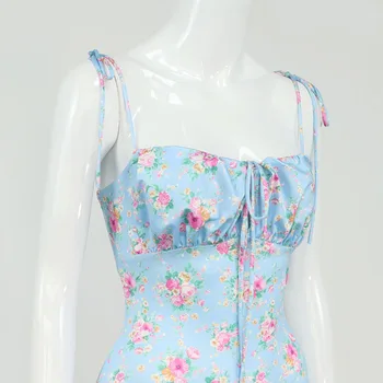 Bola 2021 Azul floral sem encosto mulheres sexy vestido de verão Curativo ruched maxi vestido para festa hliday Feminino lace vestido novo