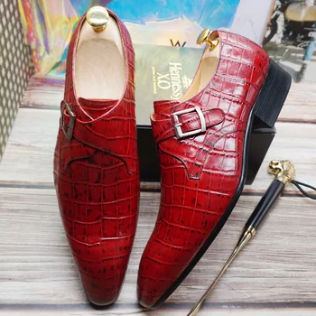 Luxo Homens Vadios Genuíno Sapatos de Couro Vermelho Preto Escorregar No Monge tira os Sapatos de Mens Vestido de Banquete, Festa de Casamento de Homens Casual Sapatos