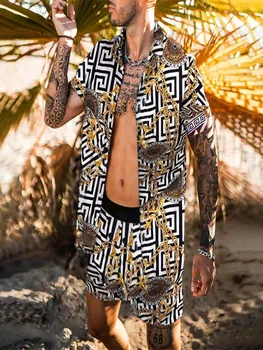 2021 Homens Havaiano Define a Impressão de Verão Manga Curta com Botão de Camisa, Calções de Praia Streetwear Casual Terno de Mens 2 Peças INCERUN