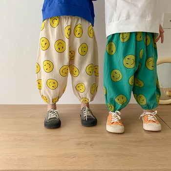 2021 Verão Novas Roupas De Crianças Sorriso De Impressão Calças De Meninas Coreano Algodão Meninos Vestuário De Algodão Casual Calças Crianças