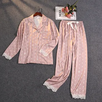 Mulheres Primavera-Verão, de Duas peças, com o Terno de Pijama de Gelo de Cetim de Seda Fina Outwear Impressão de Renda Pijamas