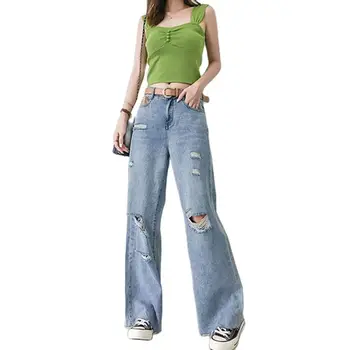 Novo Cintura Alta Moda feminina Solta Destruído Buraco Jeans Limpar Calças Casuais Vintage Wide Leg Jeans Calças