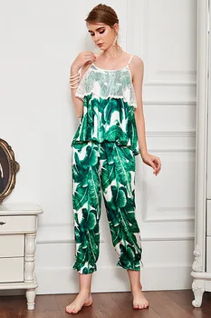 Verão do Algodão de Espaguete fita para o Pijama Conjunto de Folhas Verdes Impressão de Duas peças de Emenda de Malha Feminina Sexy Simples Pijamas Terno y1047