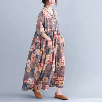 Manga curta de algodão vintage vestidos florais para as mulheres casual solta longo vestido de verão roupas elegantes 2021 sundress