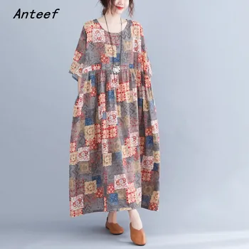 Manga curta de algodão vintage vestidos florais para as mulheres casual solta longo vestido de verão roupas elegantes 2021 sundress