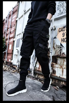 Hip Hop Meninos Multi-Bolso Elástico Na Cintura Harém Calças De Camuflagem Punk Calças Atleta Masculino Táticas Calças Pretas Calças Cargo