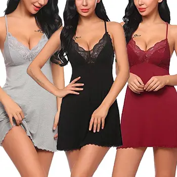 Mulheres Sexy Sólido Laço De Lingerie, Pijamas Noite Mini Vestido De V Profundo Decote Erótico Quente Pulseira De Camisola Camisola