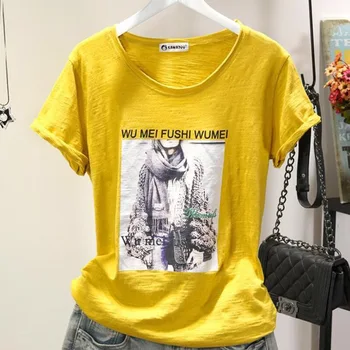 2021 Nova Moda das Mulheres Camisas Algodão T-Shirt Mulher de Verão, O Pescoço T-shirt Manga Curta Mulher Estilo coreano Plus Size Camisa