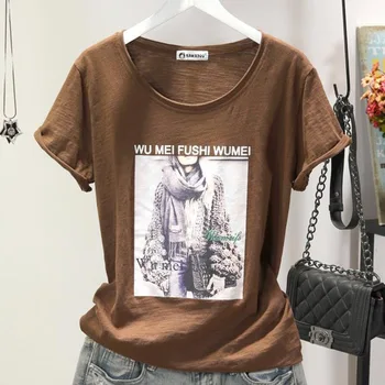 2021 Nova Moda das Mulheres Camisas Algodão T-Shirt Mulher de Verão, O Pescoço T-shirt Manga Curta Mulher Estilo coreano Plus Size Camisa
