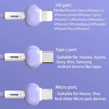Chaveiro 3 em 1 USB Tipo C Cabo para o iPhone 12 11 XS X XR 3in1 2em1 Carregador, Cabo USB, Micro USB de Tipo C Cabo para Xiaomi Redmi