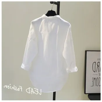Bolso duplo frontal, traseira curta longa camisa branca de mulheres 2020 outono coreano solta literária bf estilo casual camisa