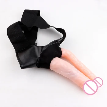 Senhoras e Gay Desgaste Simulação Duplo Pênis Calças de Couro de Homens do Pau Oco Inserção Vibradores Calcinhas Adlut Brinquedos Sexuais
