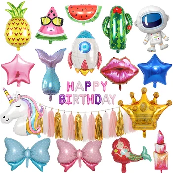 A Caricatura 3D Unicórnio Sereia Abacaxi Cacto Folha de Alumínio Balão Crianças, Festa de Aniversário, Decoração de Balões Acessórios