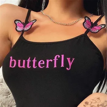 Novo Streetwear Cultura de Verão Tops Mulheres da Moda Sexy Butterfly Low cut Sexy sem encosto Slim Halter Tanques Tops Camisole Superior Colete N*