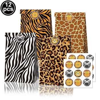 12Pcs Leopard Papel Kraft, Sacos dos Doces Animal Safari Favor de Partido Saco a Tema de Animais Selvagens de Presente de Empacotamento dos Doces Selva de Aniversário
