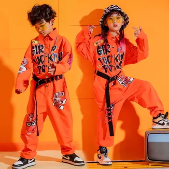 Meninas de Dança jazz Trajes de Terno Cartoon Carta Macacão com Cinto de Crianças Meninos Vestuário Calças de Hip-Hop Solta Bodysuit Streetwear