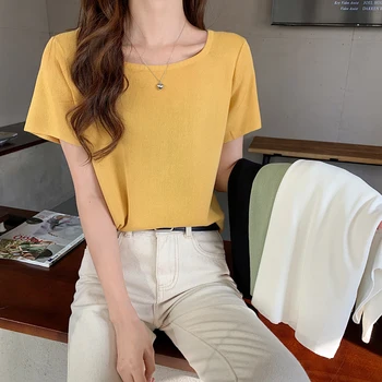 HziriP Verão 2021 Quente-Jogo Coreano Gentil Praça Colla T-Camisa Casual Sólido Office Senhora Manga Curta T Elegante Moda