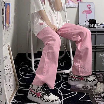 A Wide Leg Jeans Mulheres Jeans de cor-de-Rosa Solta Cintura Alta Cadeia de Coração a Todos-jogo de Moda Kawaii Verão Fina Casual Bonito Lazer Respirável