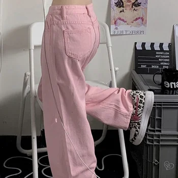 A Wide Leg Jeans Mulheres Jeans de cor-de-Rosa Solta Cintura Alta Cadeia de Coração a Todos-jogo de Moda Kawaii Verão Fina Casual Bonito Lazer Respirável