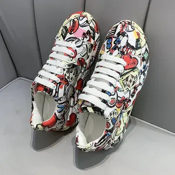 Novas Senhoras de Graffiti Tendência de Sapatos femininos de Espessura com solado de Correspondência de Cores Confortável Casuais Sapatos de Sapatos para as Mulheres, o Tênis Vans