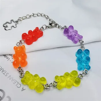 Bonito Gummy Bears Bracelete Chain de Aço Inoxidável, Pendente de Encantos Pulseiras para Mulheres, Homens, Pulso, Tornozelo Jóia de Presente de Aniversário de Meninas