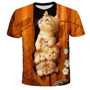 2021 Gato de Verão Crianças 3D de poliéster, de Manga Curta de Lazer, T-shirt Animal Impresso Meninos, Meninas T-shirt Kids Moda Tshirt 4-14Y