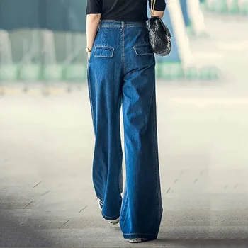 2021 Verão Nova Wide Leg Pants Lavado Com Água Moda feminina Meados de Cintura Solta com Zíper Jeans Comprimento Total Feminino Casual Calças